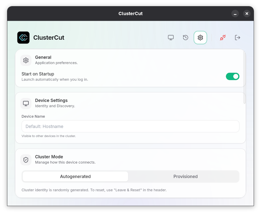 Settings - device name and provisioning mode